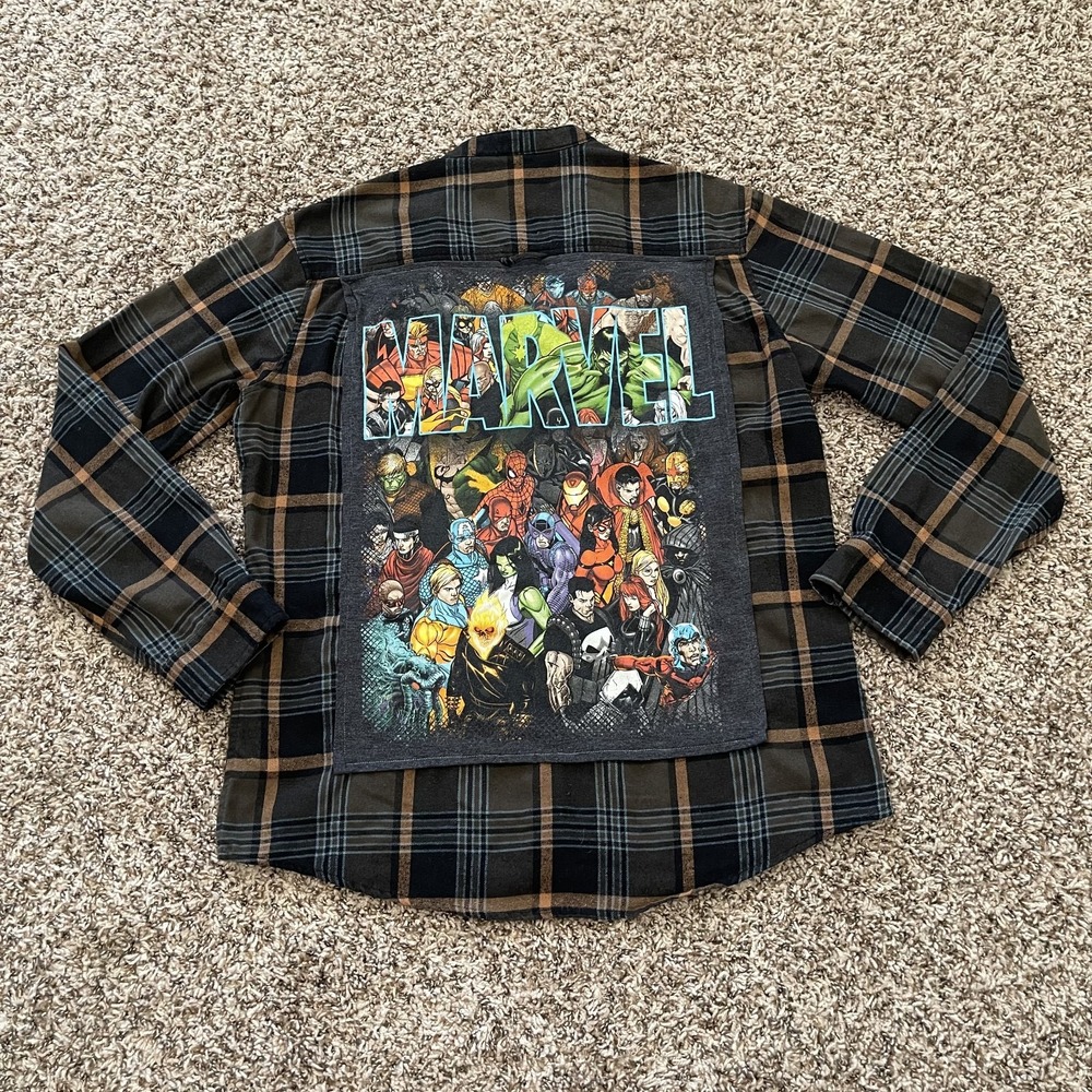 Wicked Wear Marvel Comics Plaid Flannel Shirt Graphic Back Patch Button‎ Up